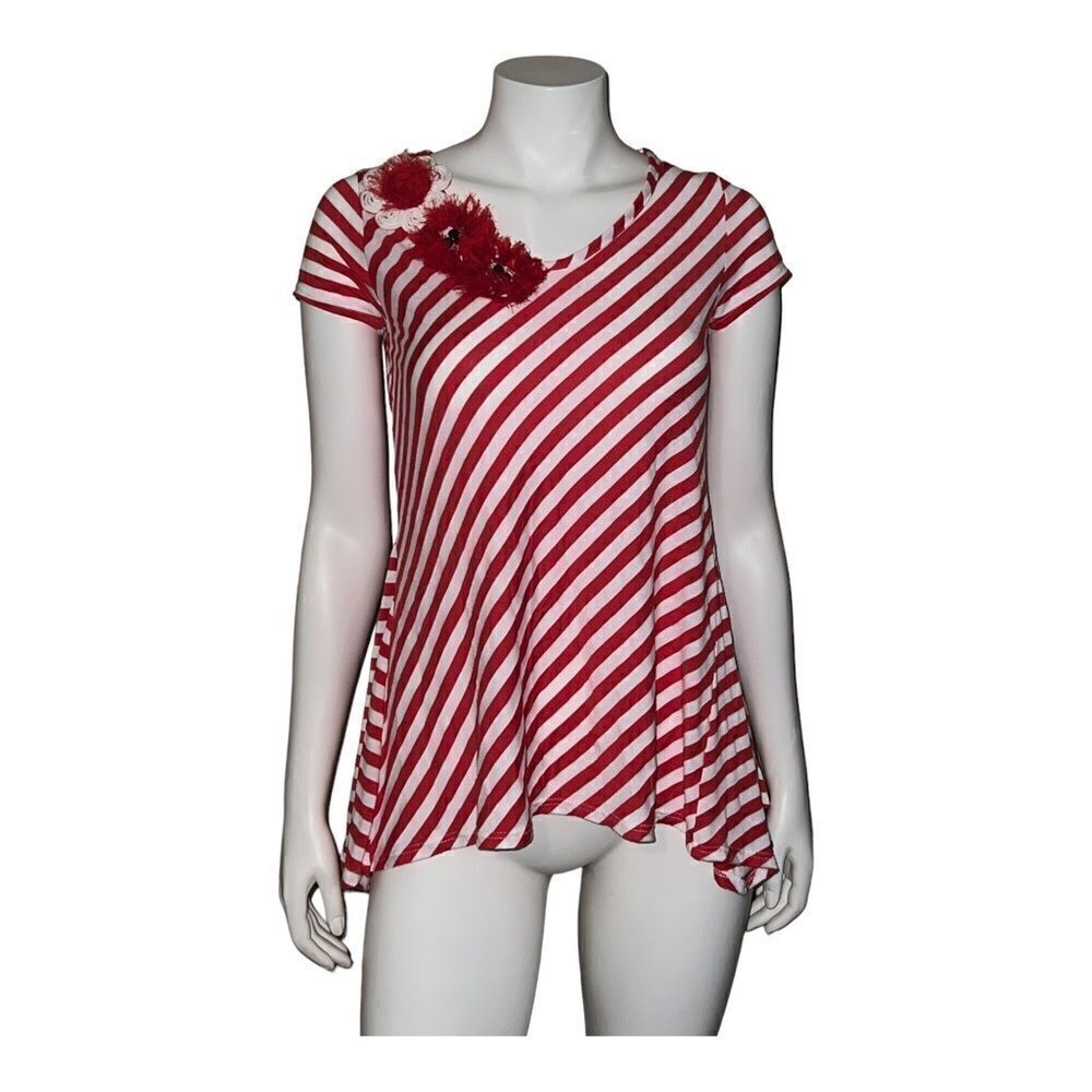 Monamie USA Red & White Striped T-Shirt Floral Embellishment Vintage Small EUC